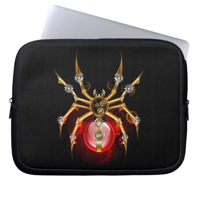 Steampunk spider on black laptop sleeve (Front)