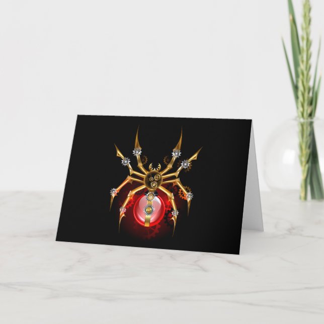 Steampunk spider on black letterpress thank you card (Front)
