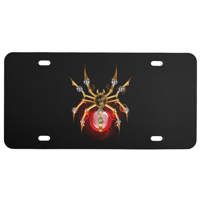 Steampunk spider on black license plate (Front)