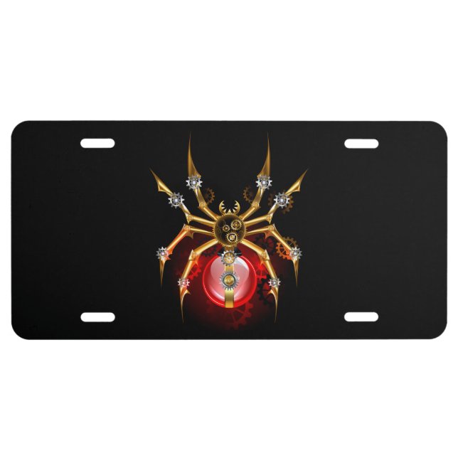 Steampunk spider on black license plate (Front)