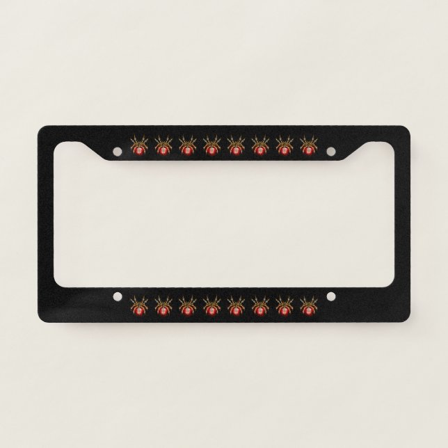 Steampunk spider on black license plate frame (Front)
