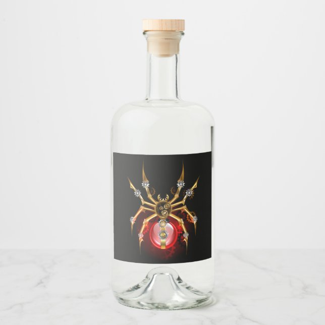 Steampunk spider on black liquor bottle label (Front)
