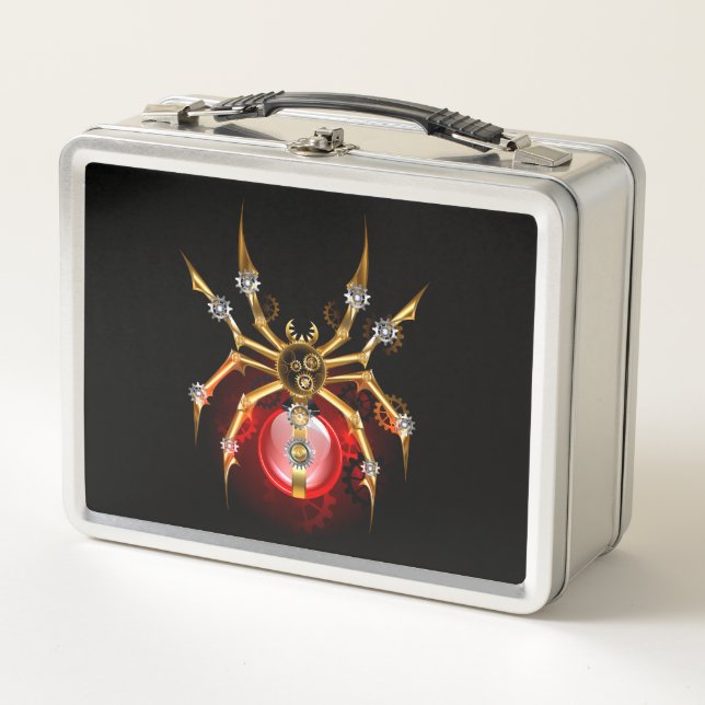 Steampunk spider on black metal lunch box (Front)