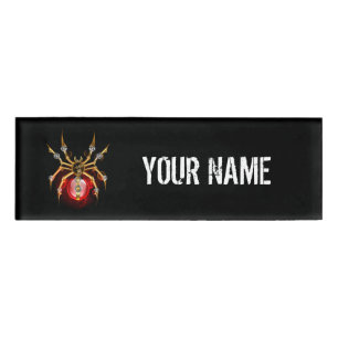 Steampunk spider on black name tag