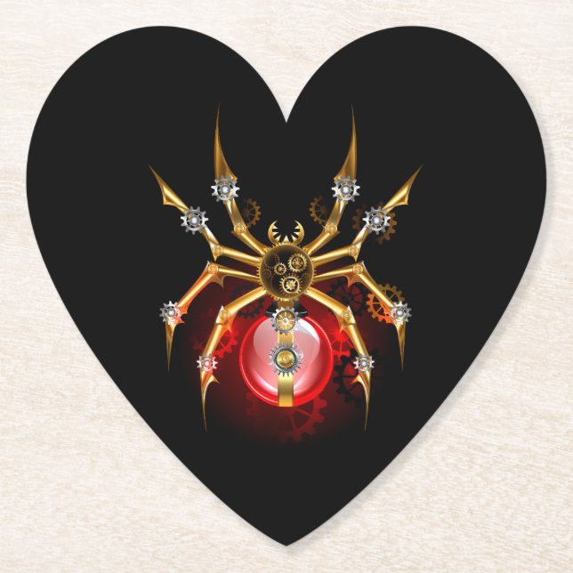 Steampunk spider on black paper coaster (Front)