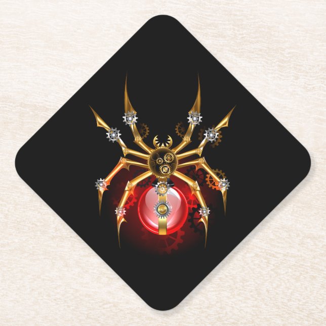 Steampunk spider on black paper coaster (Front)