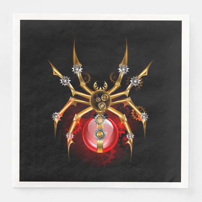 Steampunk spider on black paper dinner napkins (Front)