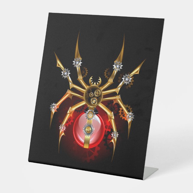 Steampunk spider on black pedestal sign (Front)