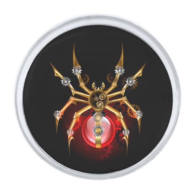 Steampunk spider on black silver finish lapel pin (Front)