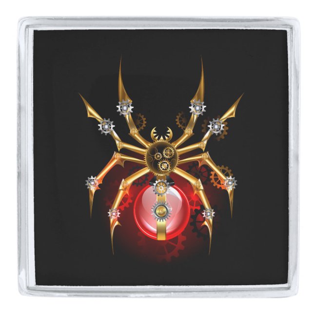 Steampunk spider on black silver finish lapel pin (Front)