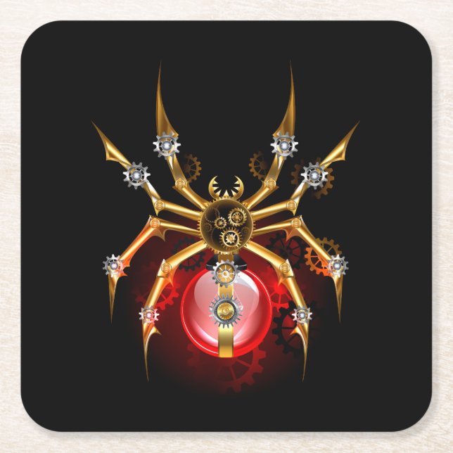 Steampunk spider on black square paper coaster (Front)