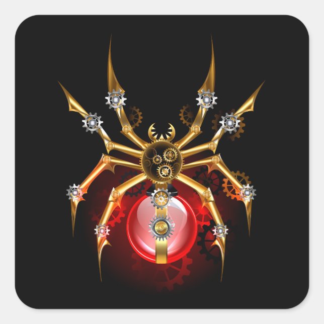 Steampunk spider on black square sticker (Front)