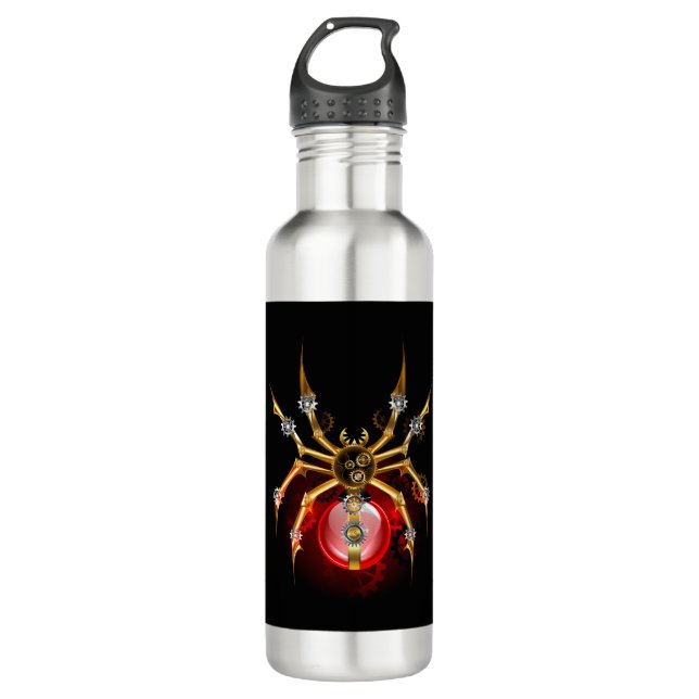 Steampunk spider on black stainless steel water bottle (Front)