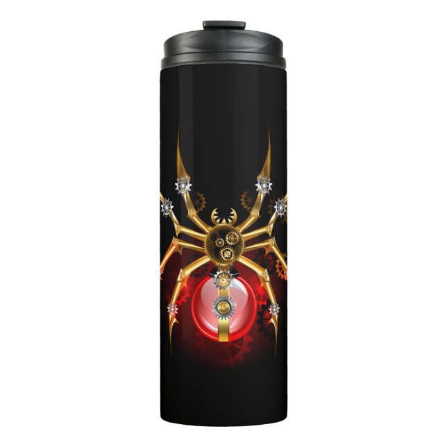 Steampunk spider on black thermal tumbler (Front)