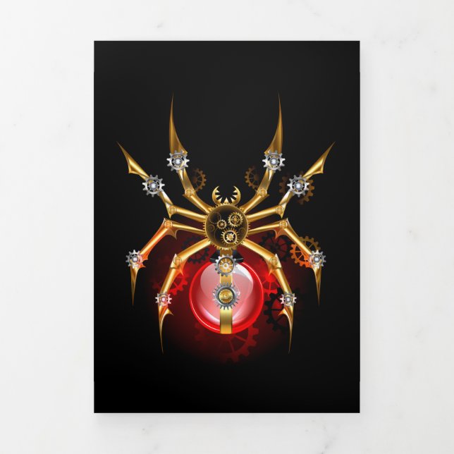 Steampunk spider on black Tri-Fold holiday card (Cover)