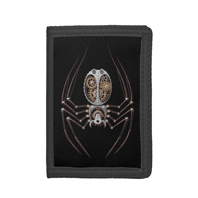 Steampunk Spider on Black Tri-fold Wallet (Front Vertical)
