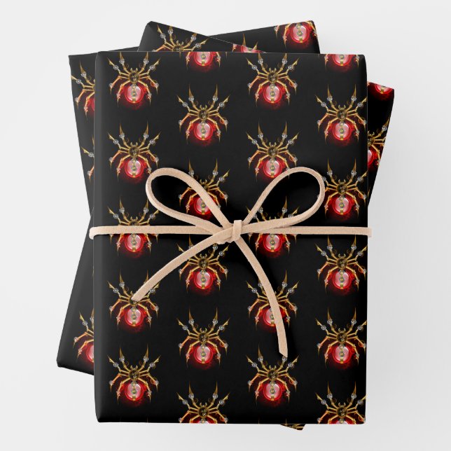Steampunk spider on black wrapping paper sheets (In situ)