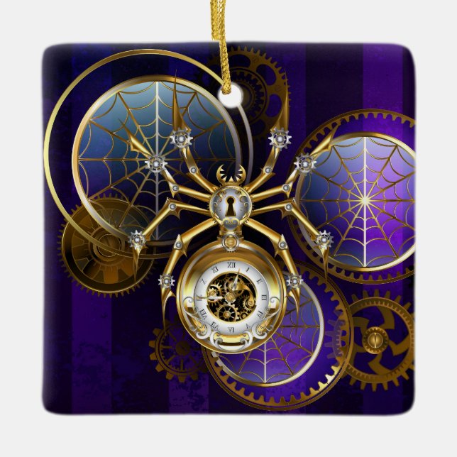 Steampunk Spider on Purple Background Ceramic Ornament (Front)
