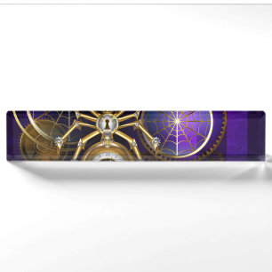Steampunk Spider on Purple Background Desk Name Plate
