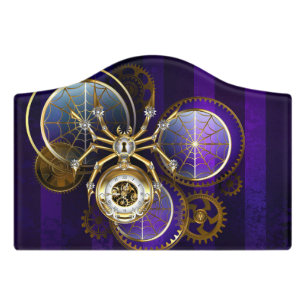 Steampunk Spider on Purple Background Door Sign
