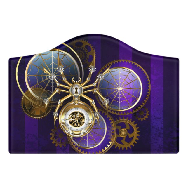 Steampunk Spider on Purple Background Door Sign (Small Crest Front)