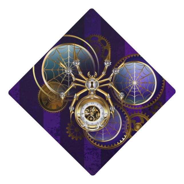 Steampunk Spider on Purple Background Graduation Cap Topper (Front)