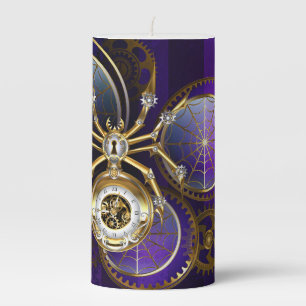 Steampunk Spider on Purple Background Pillar Candle