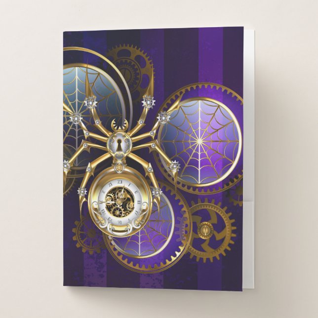 Steampunk Spider on Purple Background Pocket Folder (Front)