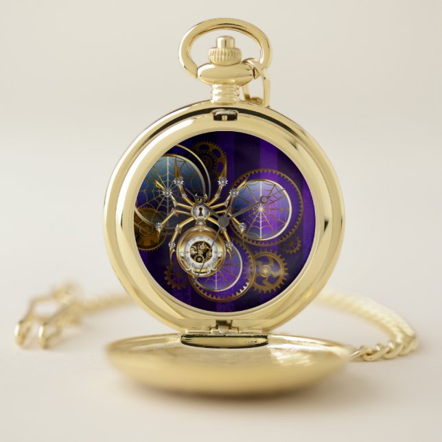Steampunk Spider on Purple Background Pocket Watch (Inside)