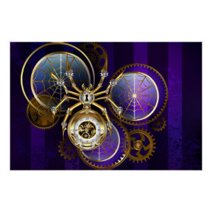 Steampunk Spider on Purple Background Poster