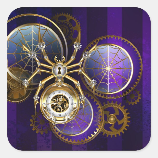 Steampunk Spider on Purple Background Square Sticker (Front)