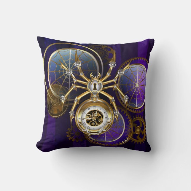 Steampunk Spider on Purple Background Throw Pillow (Front)