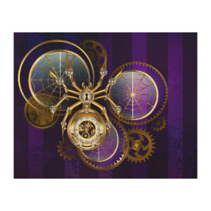 Steampunk Spider on Purple Background Wood Wall Art