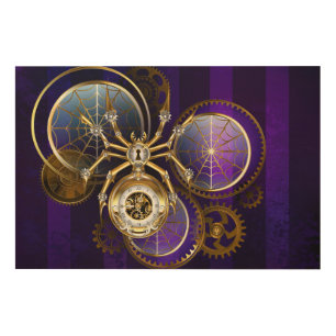 Steampunk Spider on Purple Background Wood Wall Art