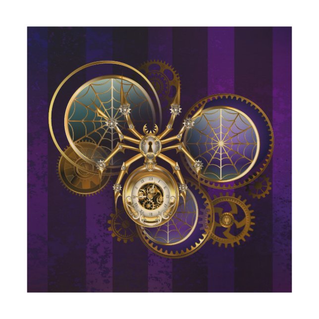 Steampunk Spider on Purple Background Wood Wall Art (Front)