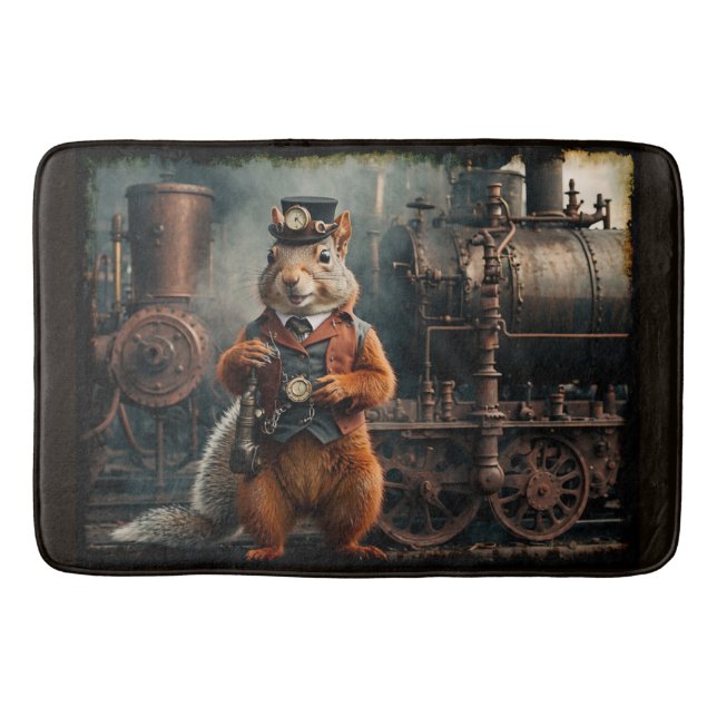 Steampunk Squirrel and Train Bath Mat (Front)
