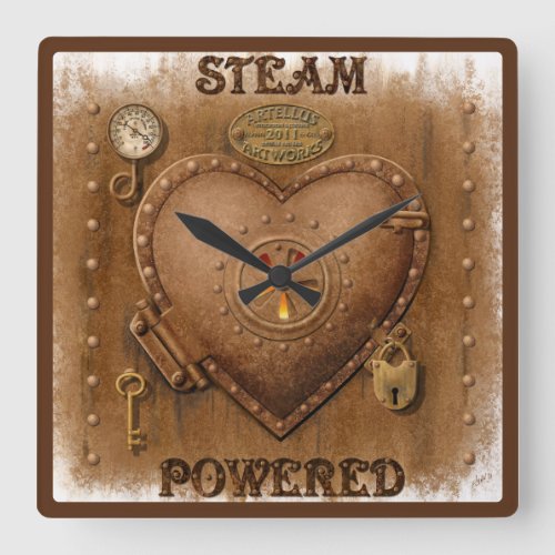 Steampunk Steam Powered Heart Square Wall Clock
