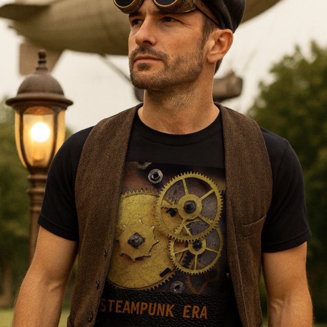 Steampunk Style Clock Gears T-Shirt, Men T-Shirt (Steampunk gears and bold text pop on this black tee perfect for fans of retro-futuristic style.)