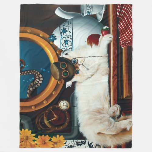 Steampunk Submarine Cat Tea Fleece Blanket