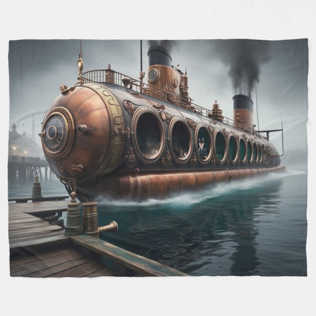 Steampunk Submersible Ocean-liner Fleece Blanket (Front (Horizontal))