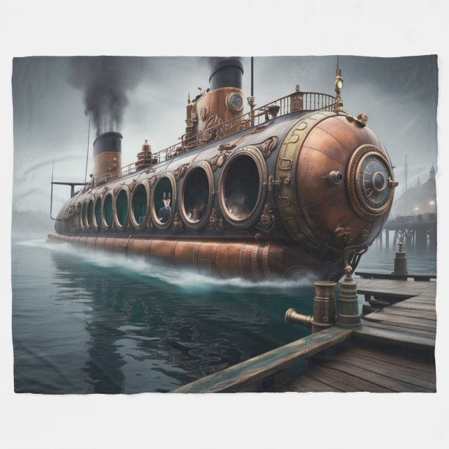 Steampunk Submersible Ocean-liner Fleece Blanket (Front (Horizontal))