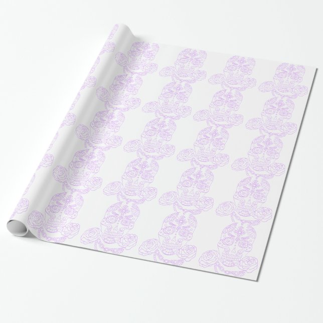 Steampunk Sugar Skull-Violet Outline Wrapping Paper (Unrolled)