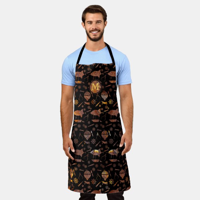 Steampunk Super Colorful Rust Airships Monogram Apron (Worn)