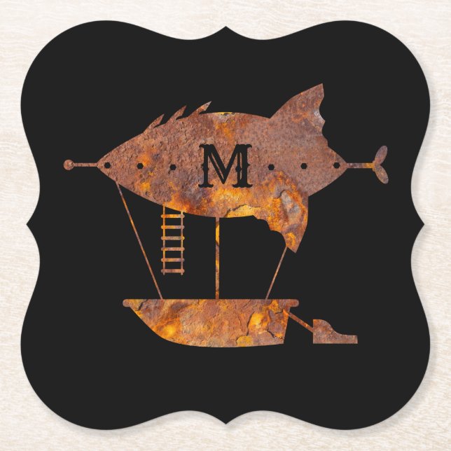 Steampunk Super Colorful Rusty Airship Monogram Paper Coaster (Front)