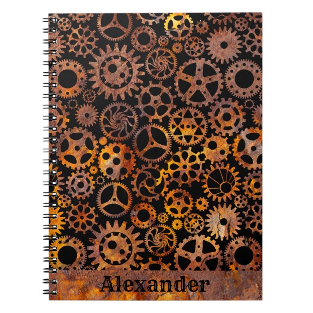 Steampunk Super Colorful Rusty Gears Custom Name Notebook (Front)