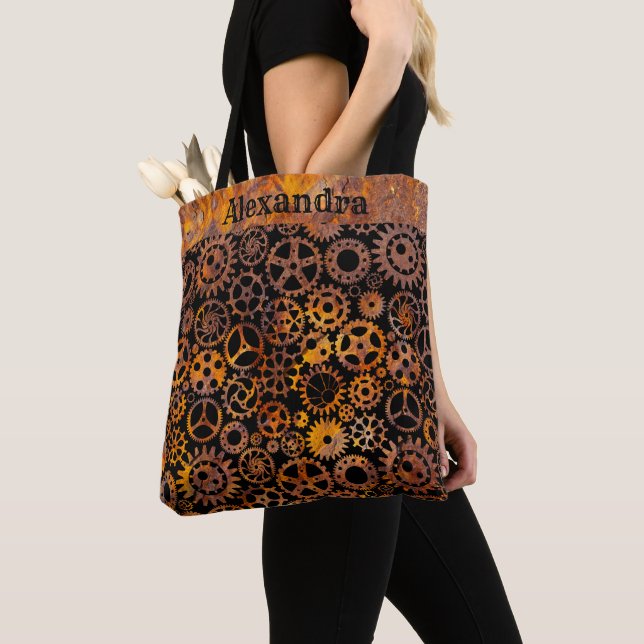 Steampunk Super Colorful Rusty Gears Custom Name Tote Bag (Close Up)