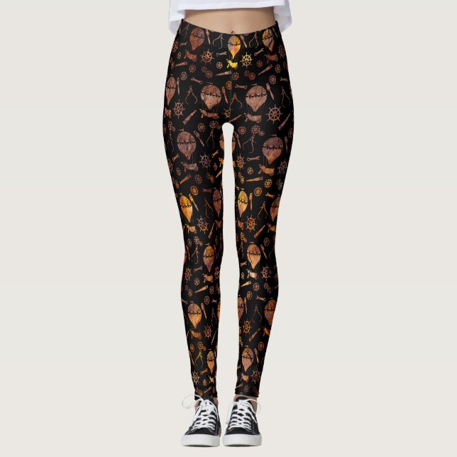 Steampunk Super Colorful Rusty Hot Air Balloons Leggings (Front)