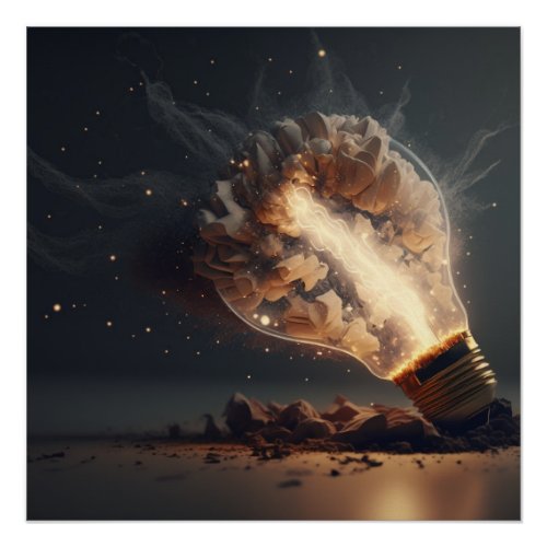 Steampunk Surreal Exploding Lit Lightbulb Poster