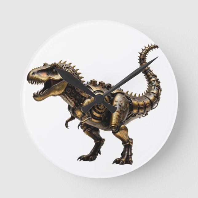Steampunk T-Rex Mech – Brass Dino Beast Round Clock (Front)