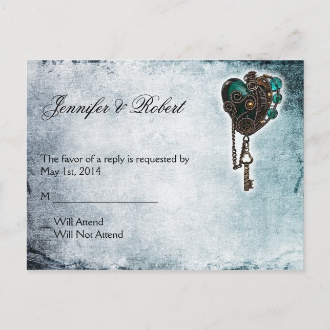 Steampunk Teal Heart RSVP Postcard (Front)